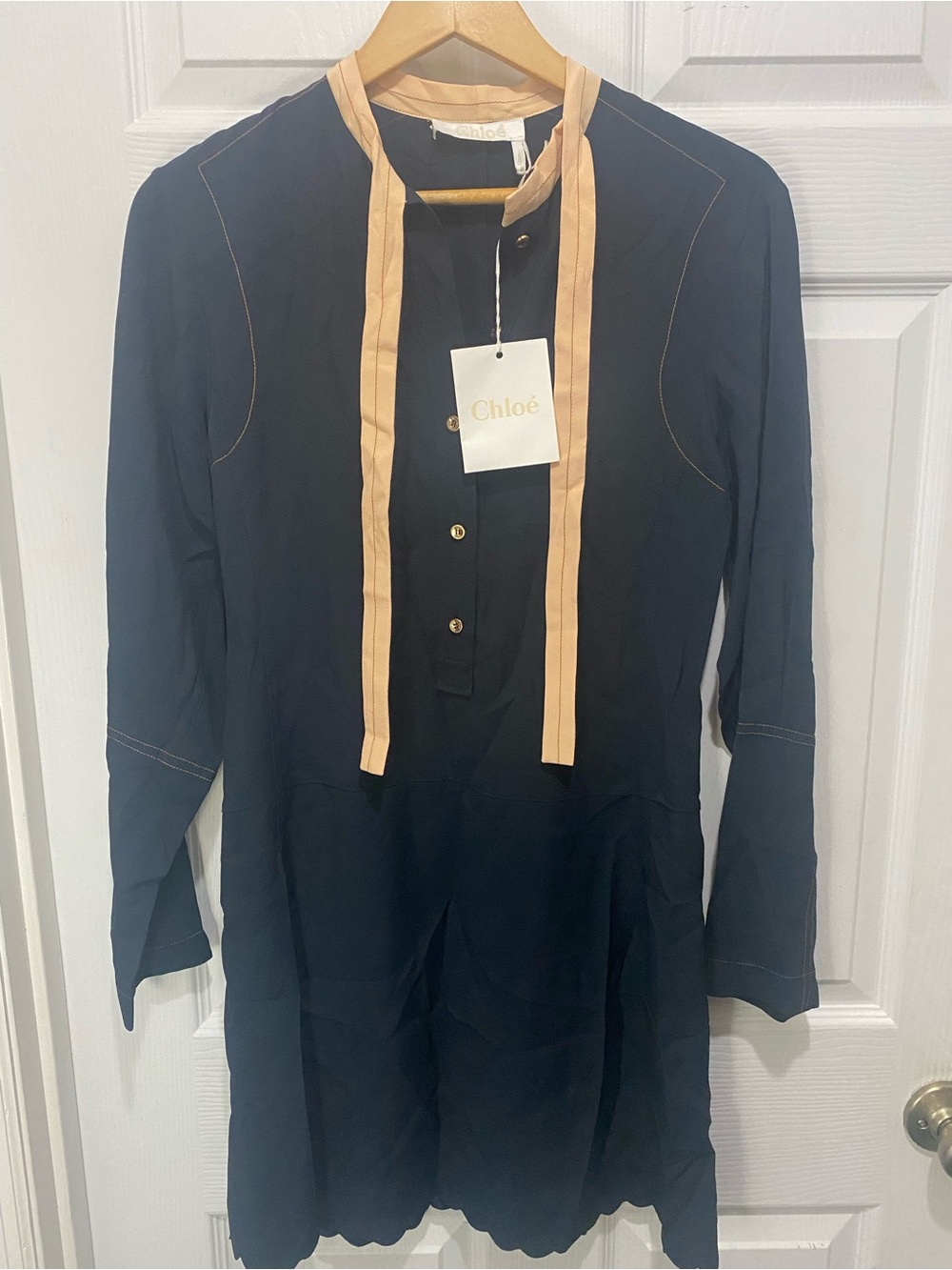 Chloé NWT Luxury Scallop- Hem Navy Designer Button Front Midi Dress w NeckTie
